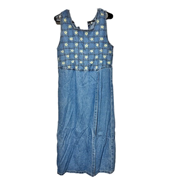 Vintage Denim Maxi Dress Embroidered Daisies Button Back 100% Cotton Size M - Picture 1 of 3